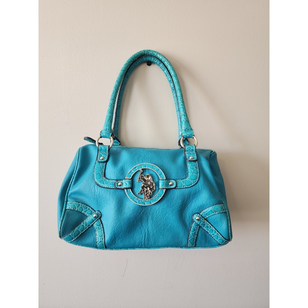 US Polo Assn Turquoise Blue Faux Leather Croc Trim Satchel Handbag Silver Logo